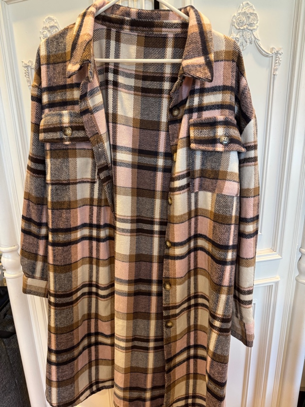 Plaid Long Shirt Dress - Pink and Brown